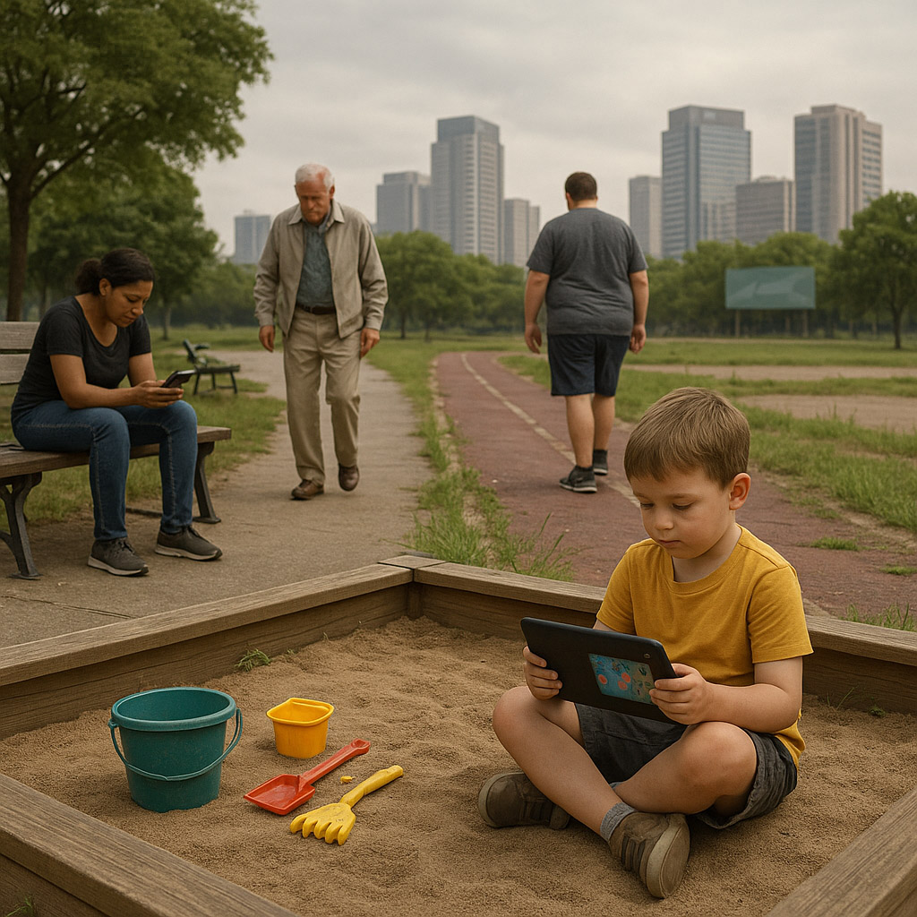 Imagem representando os impactos do sedentarismo e da desconexão com a natureza, tema abordado pelo projeto EcoEsporte da Associação Verde Esperança.